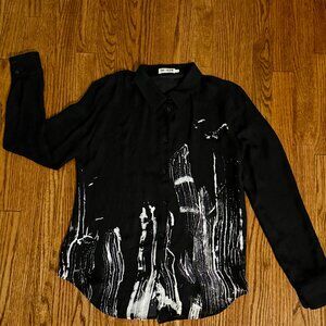 Suki + Solaine Silk Blouse | Black Brush Stroke Pattern | Size S